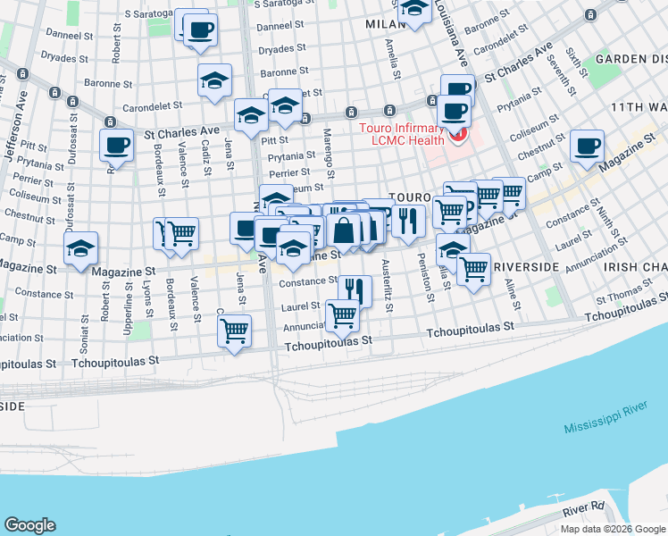 map of restaurants, bars, coffee shops, grocery stores, and more near 817 Marengo Street in New Orleans