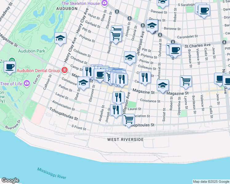 map of restaurants, bars, coffee shops, grocery stores, and more near 709 Joseph Street in New Orleans
