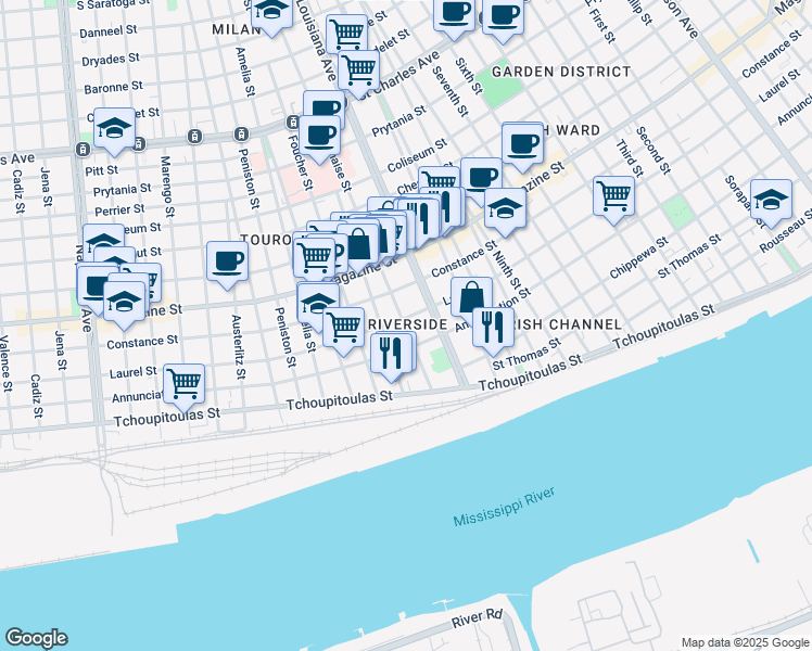 map of restaurants, bars, coffee shops, grocery stores, and more near 3426 Laurel Street in New Orleans