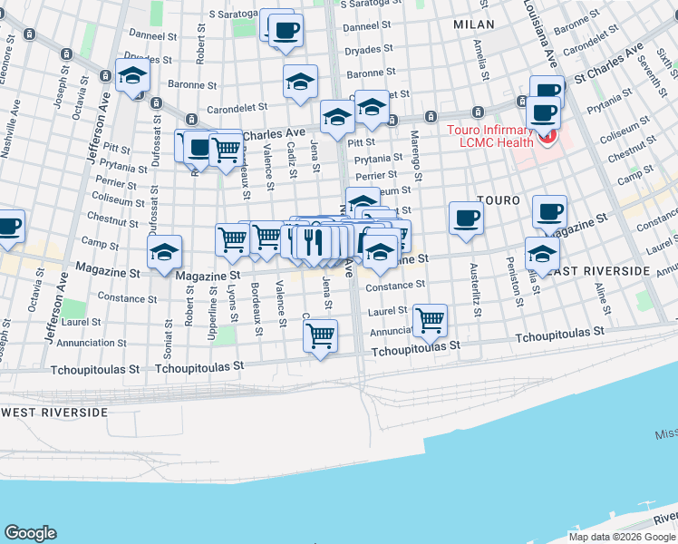 map of restaurants, bars, coffee shops, grocery stores, and more near in New Orleans