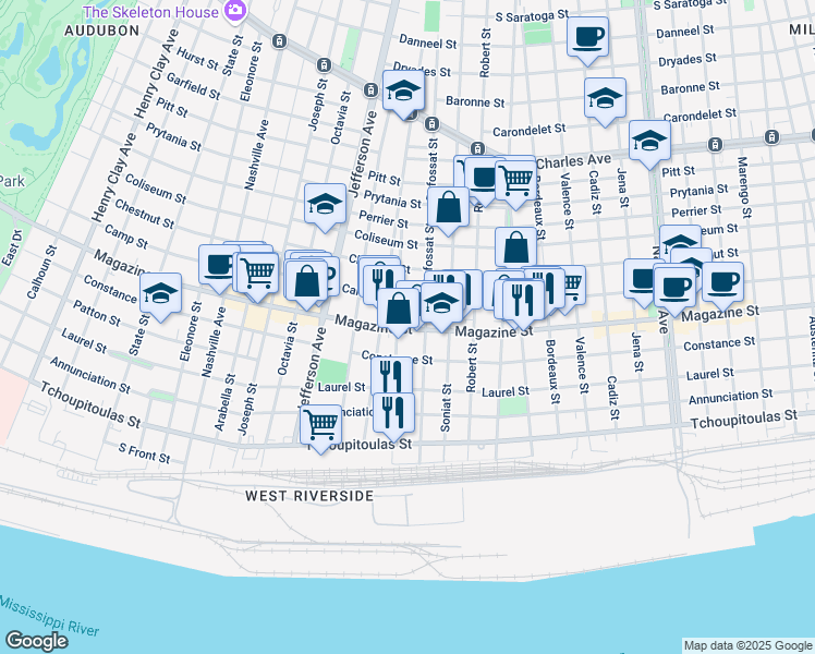 map of restaurants, bars, coffee shops, grocery stores, and more near 5201 Magazine Street in New Orleans