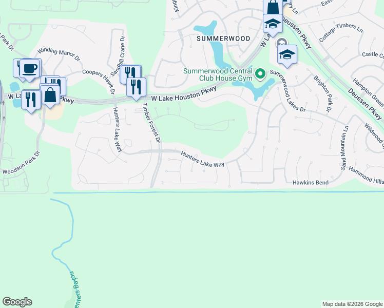 map of restaurants, bars, coffee shops, grocery stores, and more near Hunters Lake Way in Houston