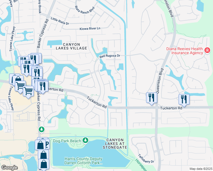 map of restaurants, bars, coffee shops, grocery stores, and more near 10018 Palisade Lakes in Houston