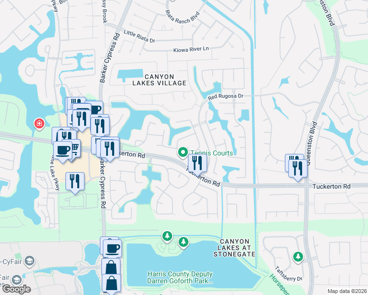 map of restaurants, bars, coffee shops, grocery stores, and more near 10003 Dakota Ridge Court in Houston