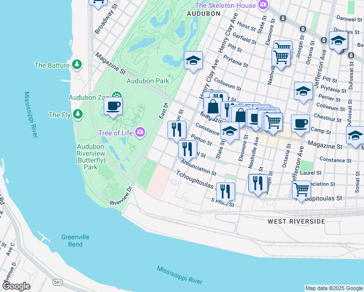 map of restaurants, bars, coffee shops, grocery stores, and more near Laurel St & Henry Clay Ave in New Orleans