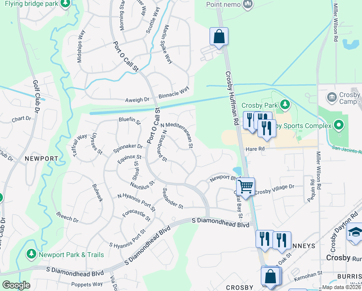 map of restaurants, bars, coffee shops, grocery stores, and more near 414 Flying Dutchman Street in Crosby