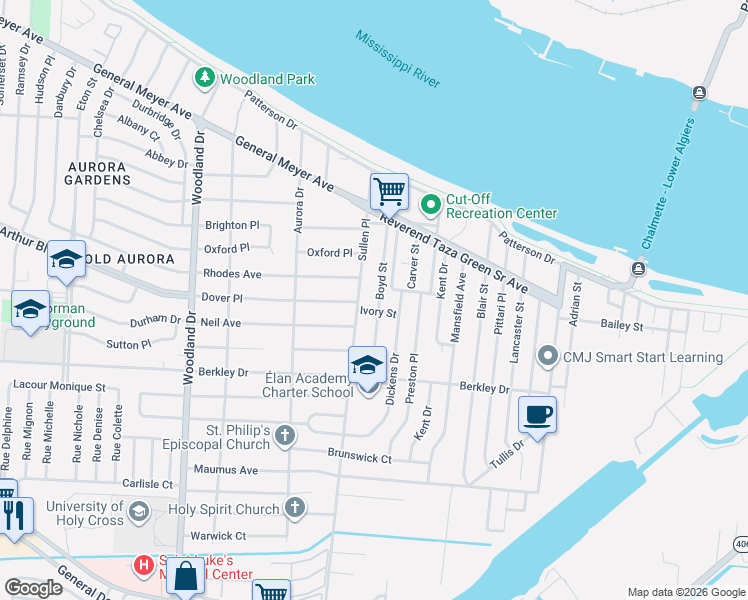map of restaurants, bars, coffee shops, grocery stores, and more near 3081 Boyd Street in New Orleans