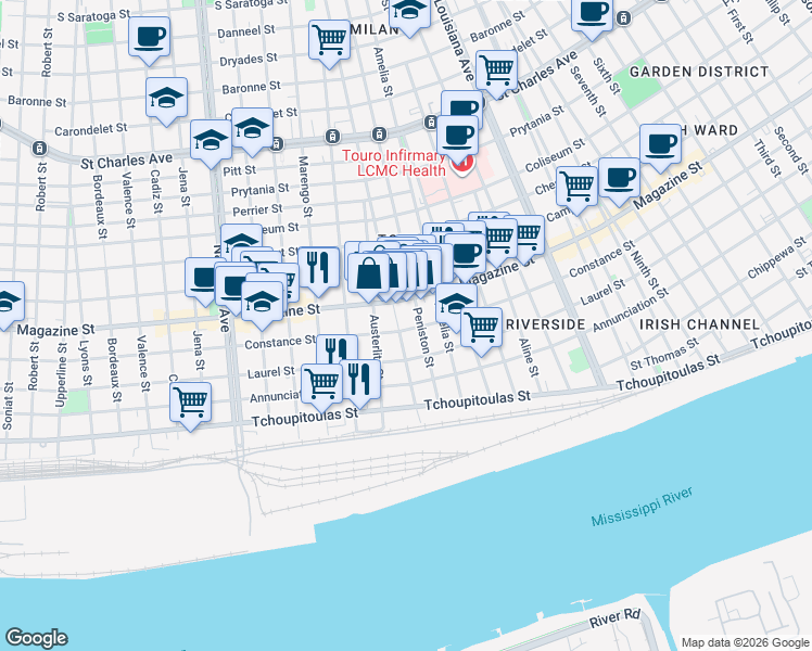 map of restaurants, bars, coffee shops, grocery stores, and more near 3815 Constance Street in New Orleans