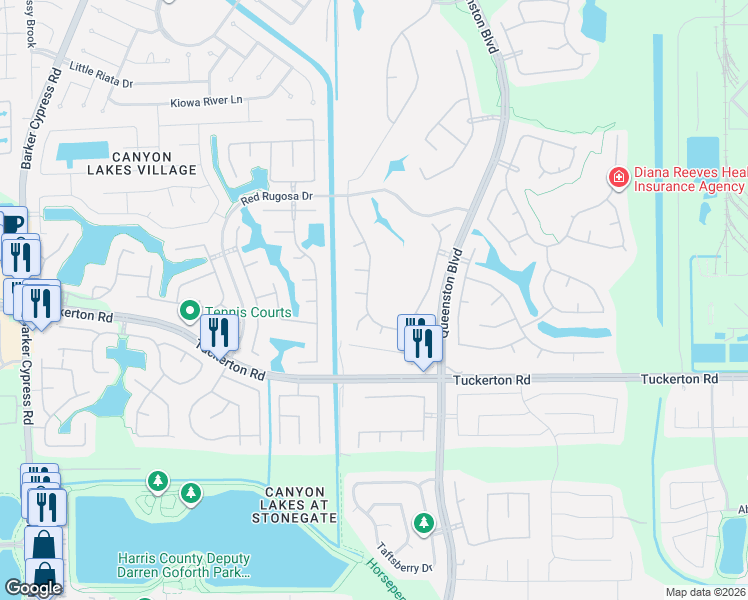 map of restaurants, bars, coffee shops, grocery stores, and more near 10114 Hahns Peak Drive in Houston