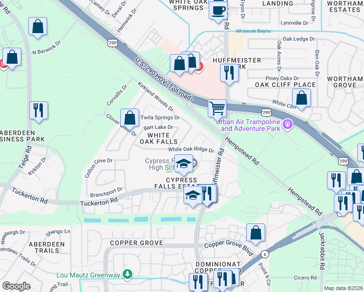 map of restaurants, bars, coffee shops, grocery stores, and more near 10002 Noisy Waters Drive in Houston