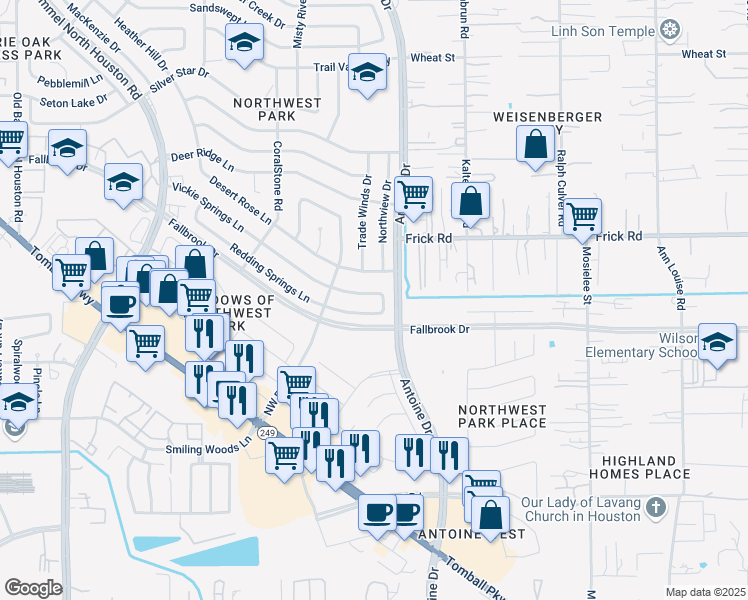 map of restaurants, bars, coffee shops, grocery stores, and more near 6411 Vickie Springs Lane in Houston