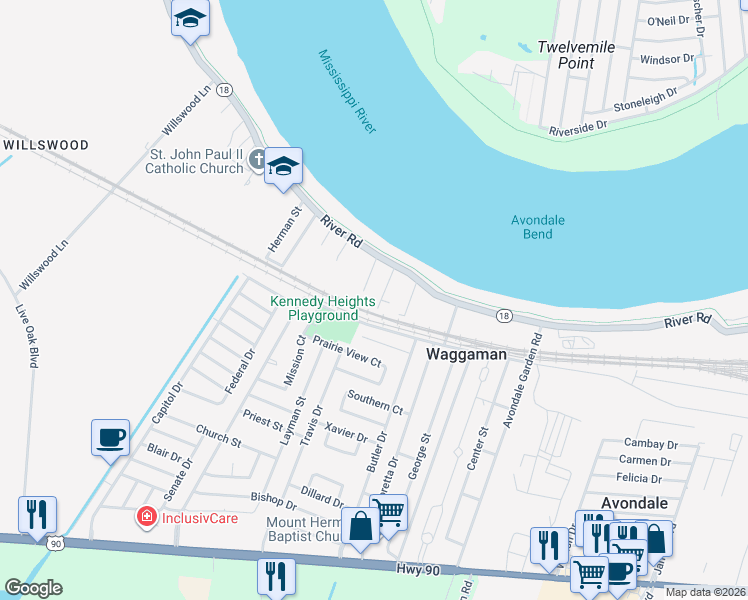 map of restaurants, bars, coffee shops, grocery stores, and more near 143 Waggaman Road in Westwego