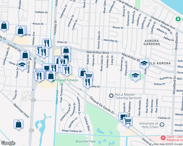 map of restaurants, bars, coffee shops, grocery stores, and more near 3301 Hyman Place in New Orleans