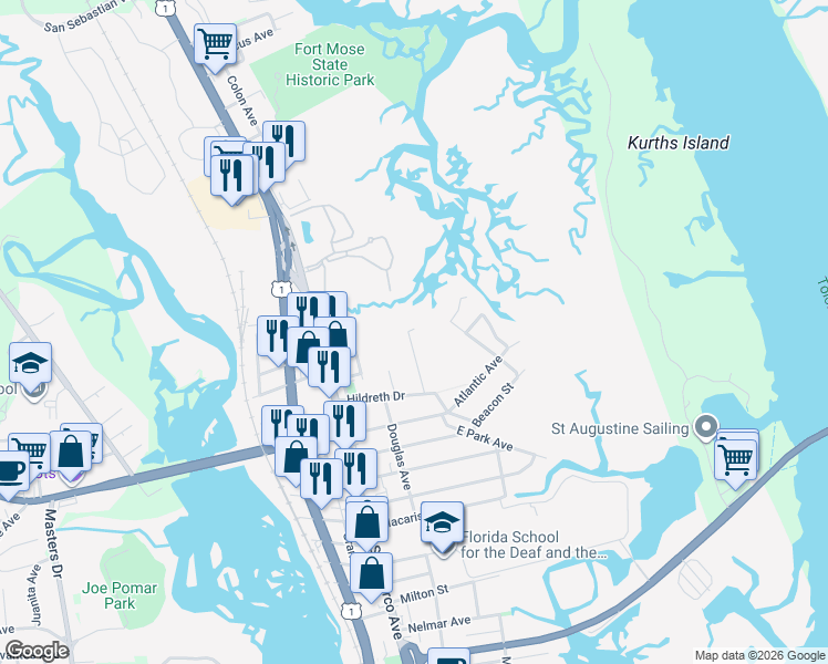 map of restaurants, bars, coffee shops, grocery stores, and more near 37 Oak Street in St. Augustine