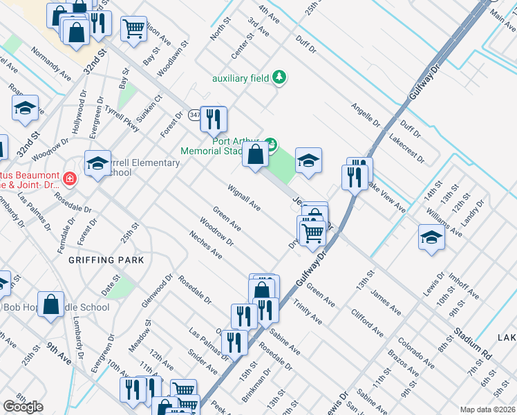 map of restaurants, bars, coffee shops, grocery stores, and more near 2100 Wignall Avenue in Port Arthur