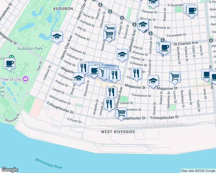 map of restaurants, bars, coffee shops, grocery stores, and more near 709 Joseph Street in New Orleans