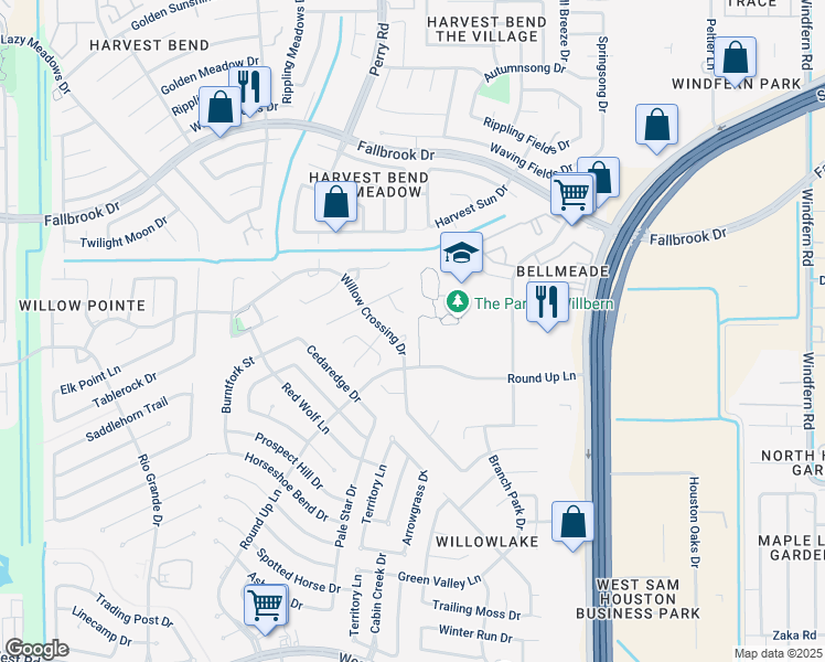 map of restaurants, bars, coffee shops, grocery stores, and more near 10310 Willow Crossing Circle in Houston