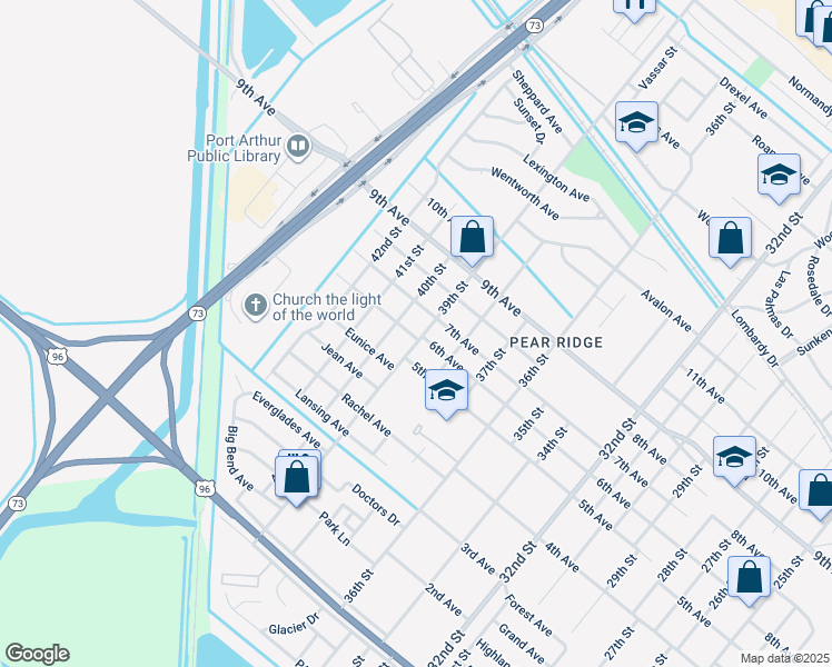 map of restaurants, bars, coffee shops, grocery stores, and more near 3401 39th Street in Port Arthur