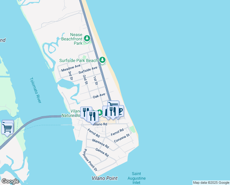 map of restaurants, bars, coffee shops, grocery stores, and more near 11 Oak Avenue in St. Augustine