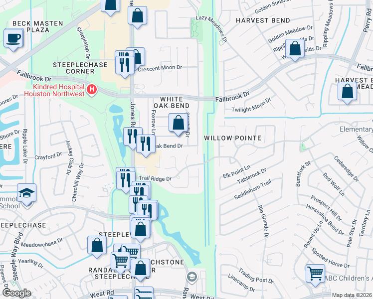 map of restaurants, bars, coffee shops, grocery stores, and more near 10719 White Oak Bend Drive in Houston