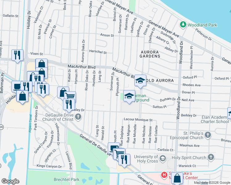 map of restaurants, bars, coffee shops, grocery stores, and more near 3311 Plymouth Place in New Orleans