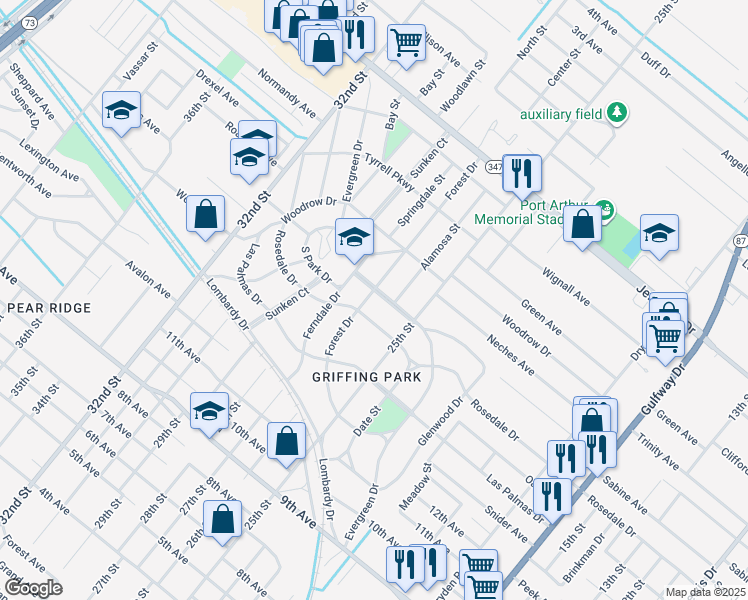 map of restaurants, bars, coffee shops, grocery stores, and more near 2715 Evergreen Dr in Port Arthur