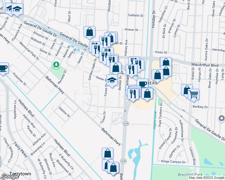 map of restaurants, bars, coffee shops, grocery stores, and more near 3501 Seine Street in New Orleans