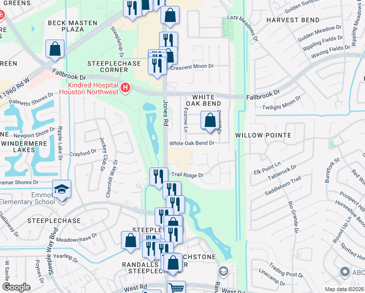 map of restaurants, bars, coffee shops, grocery stores, and more near 11003 White Oak Bend Drive in Houston