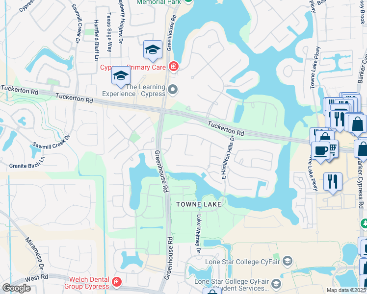 map of restaurants, bars, coffee shops, grocery stores, and more near 9823 Primrose Park Lane in Cypress