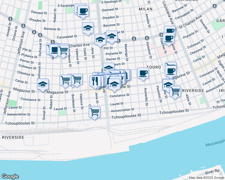 map of restaurants, bars, coffee shops, grocery stores, and more near 4306 Magazine Street in New Orleans