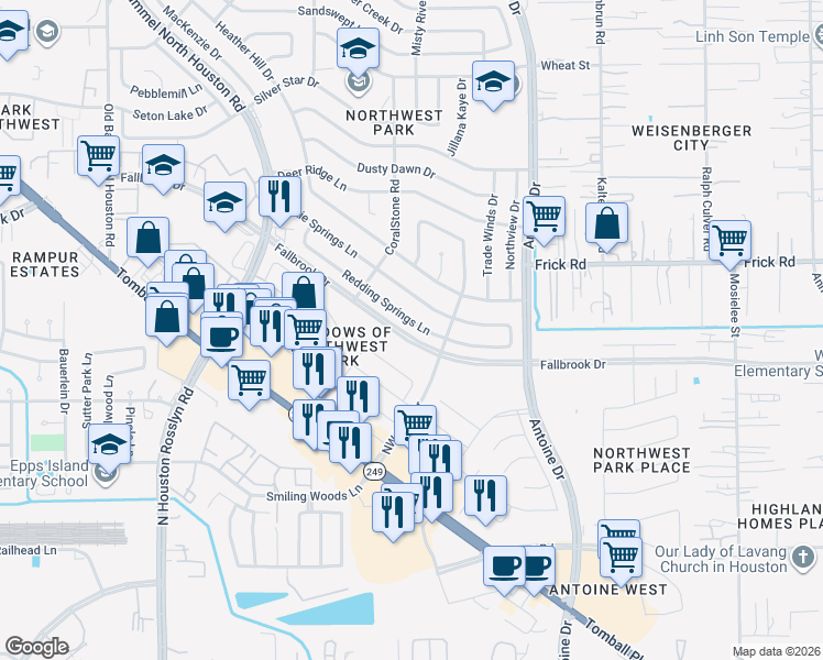 map of restaurants, bars, coffee shops, grocery stores, and more near 6615 Redding Springs Lane in Houston