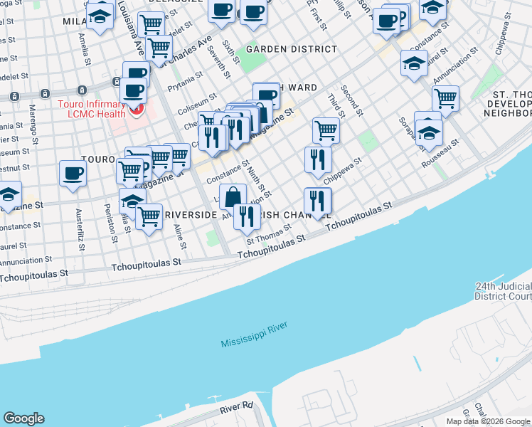 map of restaurants, bars, coffee shops, grocery stores, and more near 3113 Chippewa Street in New Orleans