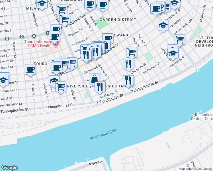 map of restaurants, bars, coffee shops, grocery stores, and more near 3113 Chippewa Street in New Orleans
