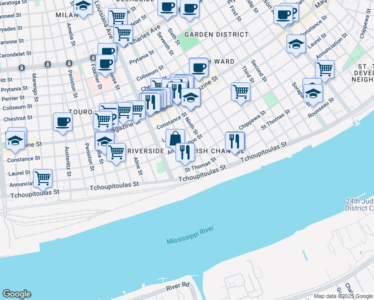 map of restaurants, bars, coffee shops, grocery stores, and more near 734 Pleasant Street in New Orleans