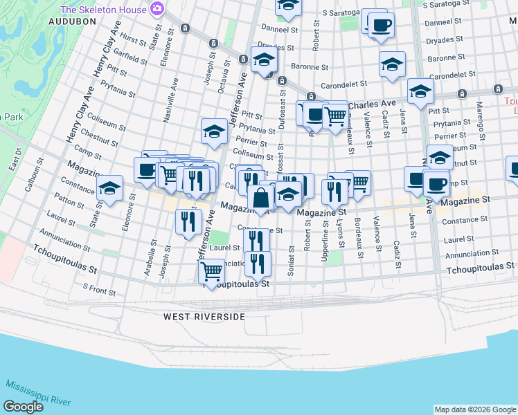 map of restaurants, bars, coffee shops, grocery stores, and more near 5253 Magazine Street in New Orleans