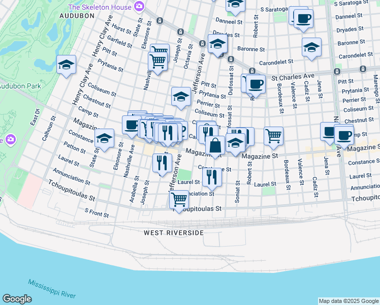 map of restaurants, bars, coffee shops, grocery stores, and more near 830 Leontine Street in New Orleans