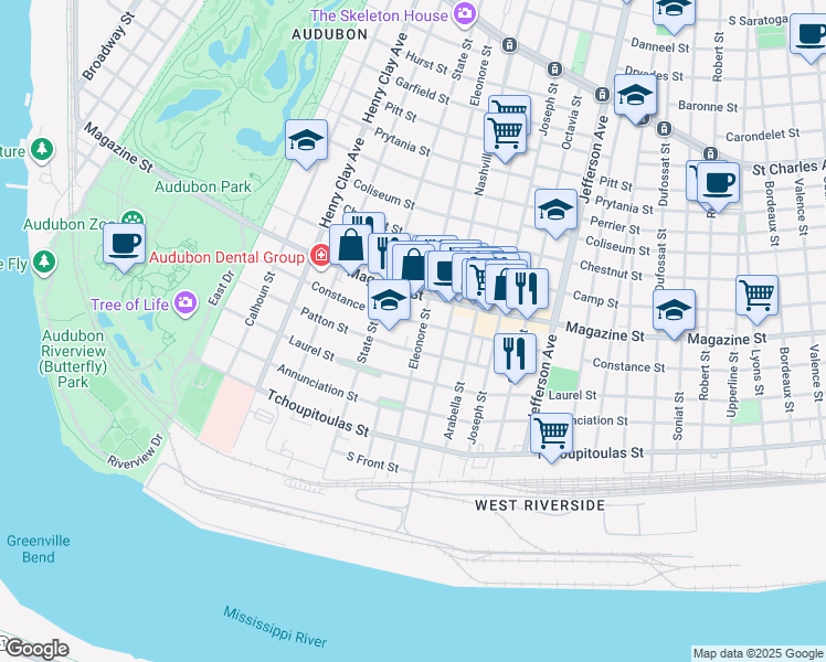 map of restaurants, bars, coffee shops, grocery stores, and more near 629 Eleonore Street in New Orleans