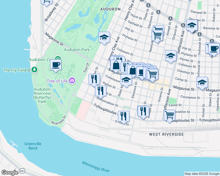 map of restaurants, bars, coffee shops, grocery stores, and more near 518 Webster Street in New Orleans