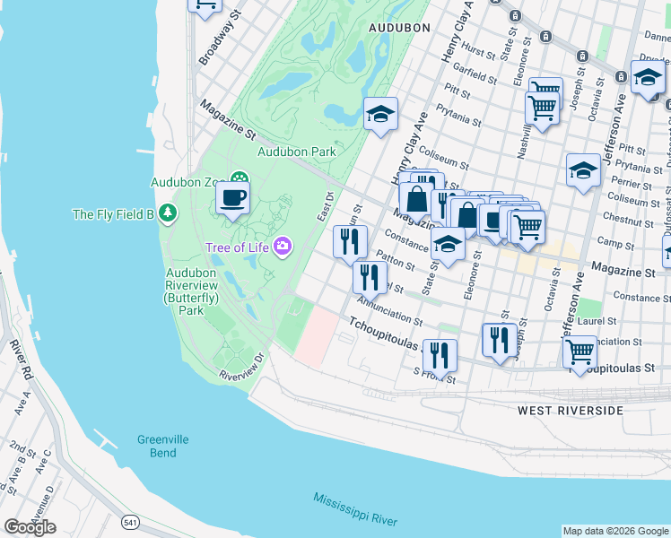 map of restaurants, bars, coffee shops, grocery stores, and more near 6321 Annunciation Street in New Orleans