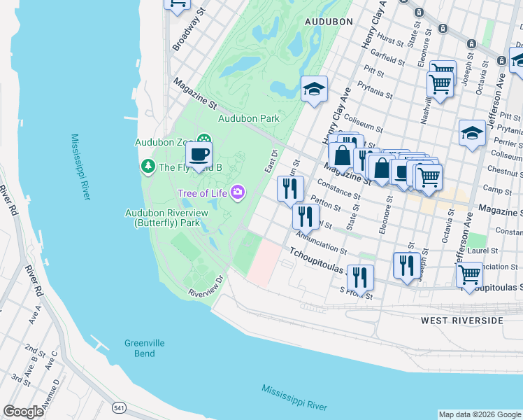 map of restaurants, bars, coffee shops, grocery stores, and more near 6321 Annunciation Street in New Orleans