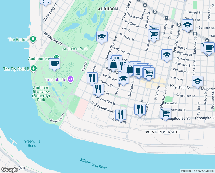 map of restaurants, bars, coffee shops, grocery stores, and more near 518 Webster Street in New Orleans