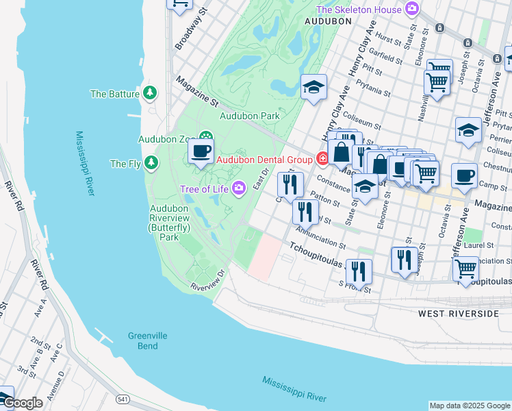 map of restaurants, bars, coffee shops, grocery stores, and more near 269 Exposition Boulevard in New Orleans