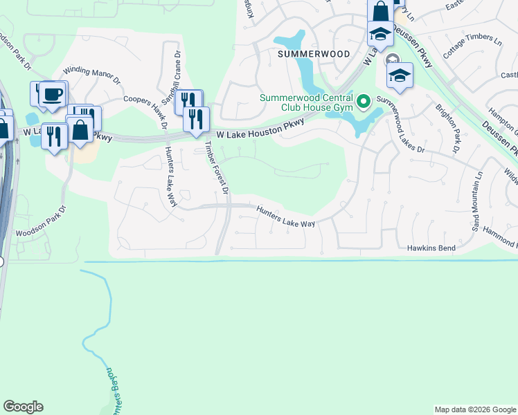 map of restaurants, bars, coffee shops, grocery stores, and more near Hunters Lake Way in Houston