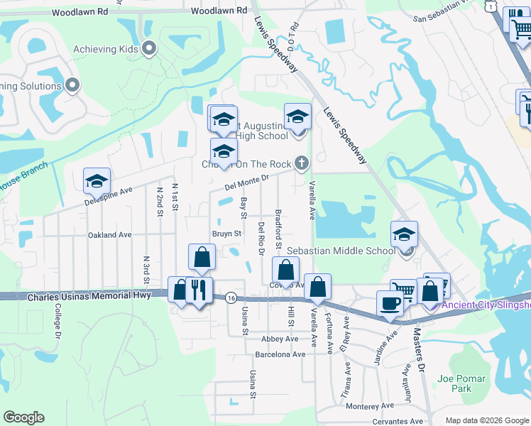 map of restaurants, bars, coffee shops, grocery stores, and more near 2936 Del Rio Drive in Saint Augustine