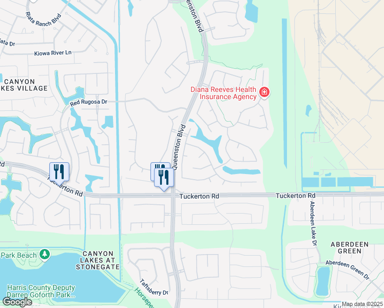 map of restaurants, bars, coffee shops, grocery stores, and more near 16506 Adobe Circle in Houston