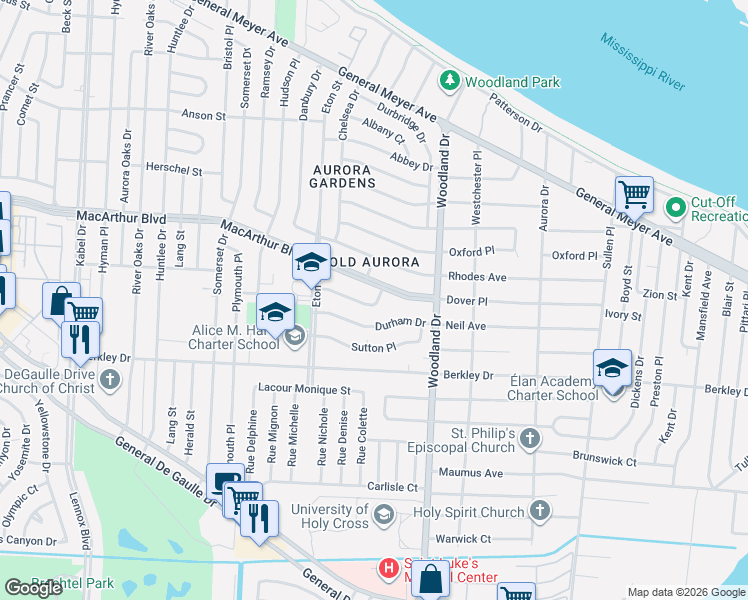 map of restaurants, bars, coffee shops, grocery stores, and more near 5600 Wimbledon Court in New Orleans