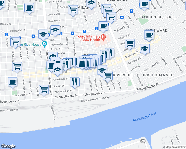 map of restaurants, bars, coffee shops, grocery stores, and more near 3803 Constance Street in New Orleans