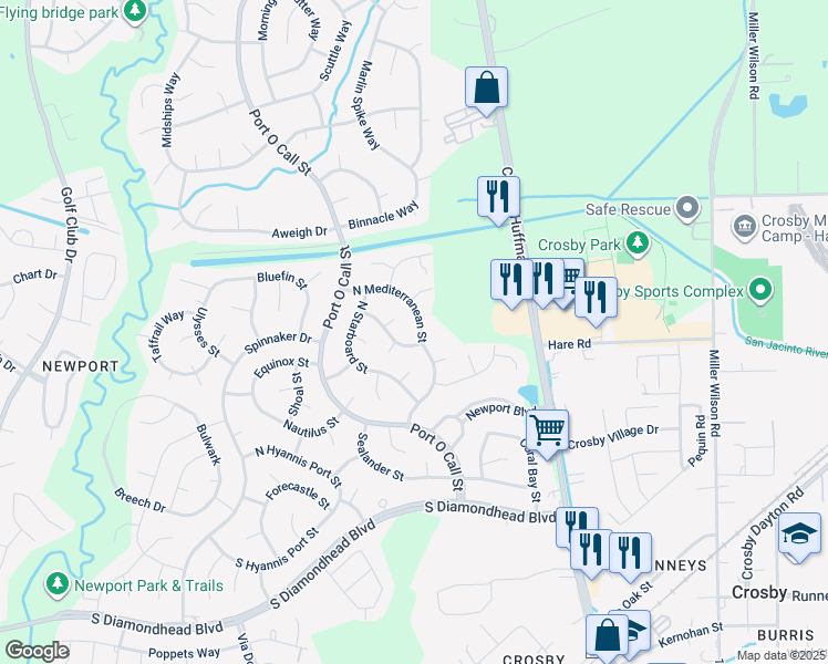 map of restaurants, bars, coffee shops, grocery stores, and more near 16507 North Mediterranean Street in Crosby