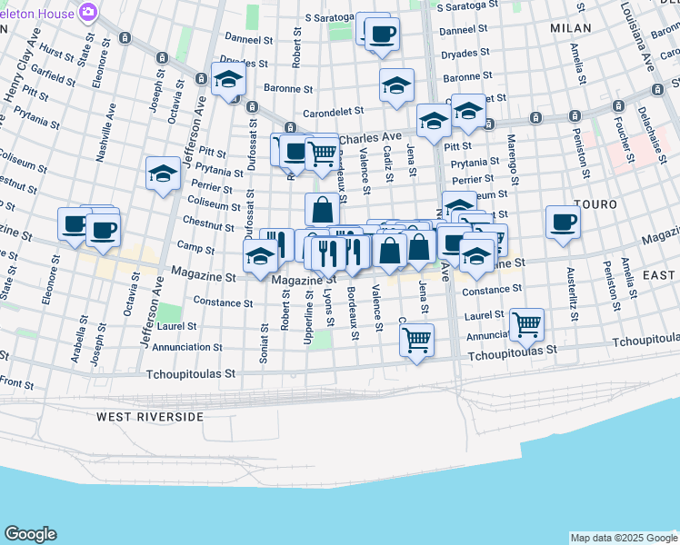 map of restaurants, bars, coffee shops, grocery stores, and more near 4815 Magazine Street in New Orleans
