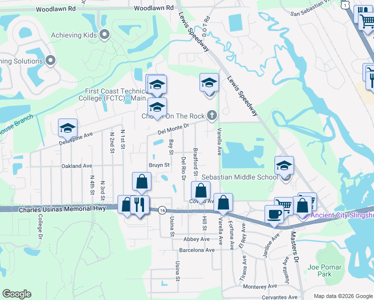 map of restaurants, bars, coffee shops, grocery stores, and more near 2936 Del Rio Drive in St. Augustine